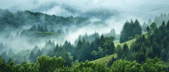 A panoramic view of a serene forest under the fog. The landscape is bathed in hues of green, with...