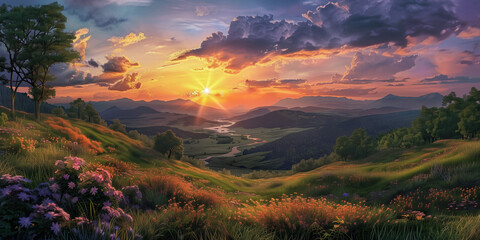 Rural landscape sunset panorama