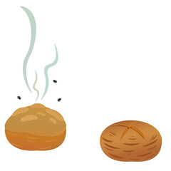 Rotten bread with flies and fresh bread lie next to each other