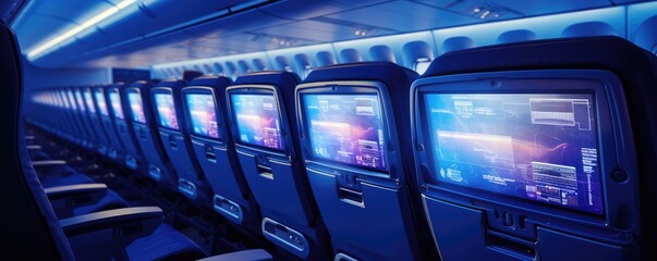 Airplane cabin with illuminated seat screens