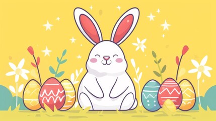 A cartoon rabbit sitting next to a bunch of colorful eggs, AI