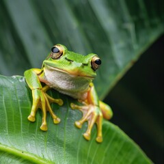Fototapeta premium Tree frog Agalychnis Callidryas on a green leaf with water droplets on it