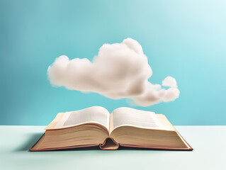 An open book with a cloud above it. The cloud is white and fluffy