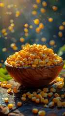 Naklejka premium A bowl of corn, a staple food in many cuisines, sits on a wooden table