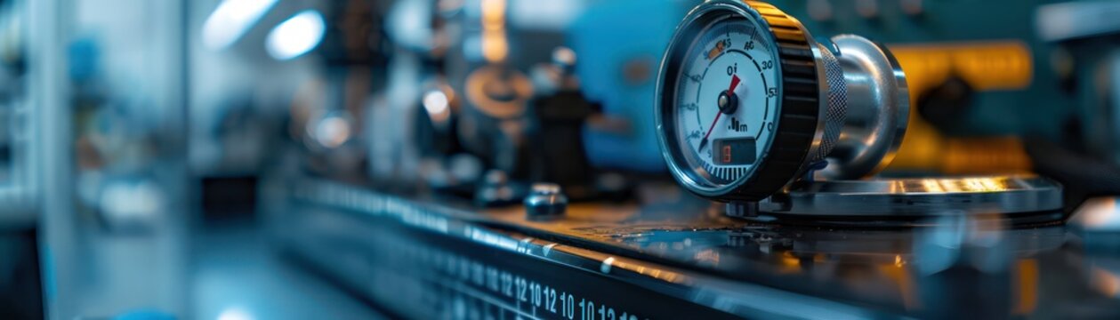 Close-up of a vehicle emission testing setup, nitrogen oxide levels on digital gauge, precise and clear