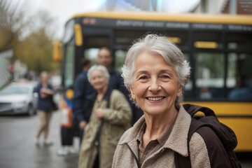 An old woman at the bus stop. There is a passenger bus at the back.