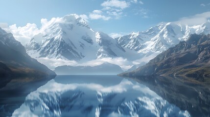 Fototapeta na wymiar A serene lake nestled between towering snow-capped peaks, reflecting the surrounding landscape like a mirror.