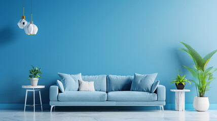 Blue background with modern furniture and interior design.