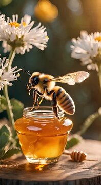 Vertical video of a bee sitting on a honey pot that stands on a wooden table in front of daisies. A peaceful scene with a diligent little insect.