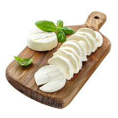 Sliced Buffalo Mozzarella Cheese on Rustic Wooden Board with Transparent Background