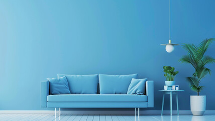 Blue background with modern furniture and interior design.