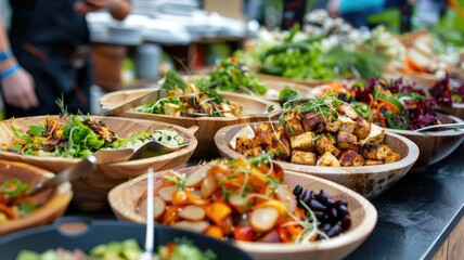 Obraz premium Vegan food festival booth serving a variety of tofu dishes, highlighting the protein's versatility