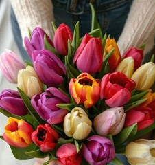 Obraz premium A woman tender grasp cradles a vivid array of tulips