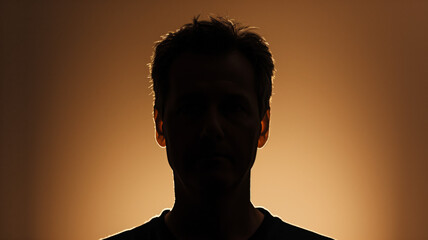 silhouette of a man's head, white background, back lit light, high contrast