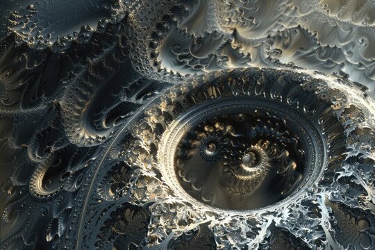 Metallic fractals pulsate with energy amidst a digital dreamscape of shifting perspectives