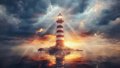 Majestic lighthouse guiding ships in radiant sunset, a beacon of hope and resilience - Powered by Adobe