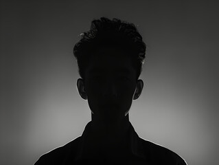 silhouette of a man's head, white background, back lit light, high contrast