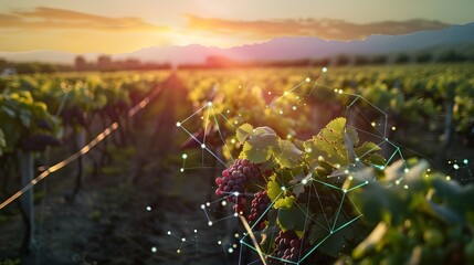 A serene vineyard landscape at dawn, with AI-driven irrigation systems activating in response to...