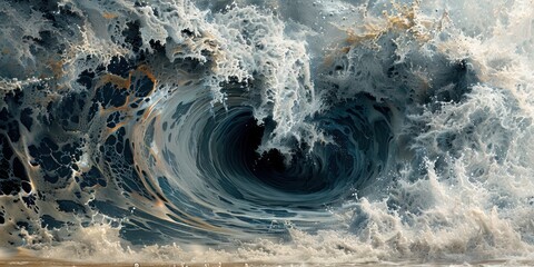 Explore the intricate patterns of a tsunami crashing against the shoreline, showcasing the increased frequency of these devastating natural disasters Close-up