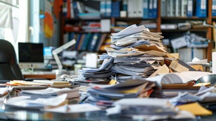A pile of papers on a desk in an office, AI