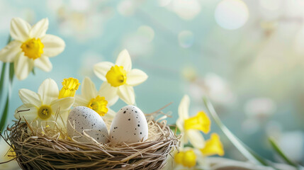 Obraz na płótnie Canvas Easter holiday celebration banner greeting card banner - White yellow easter eggs in a bird nest basket and yellow daffodils flowers