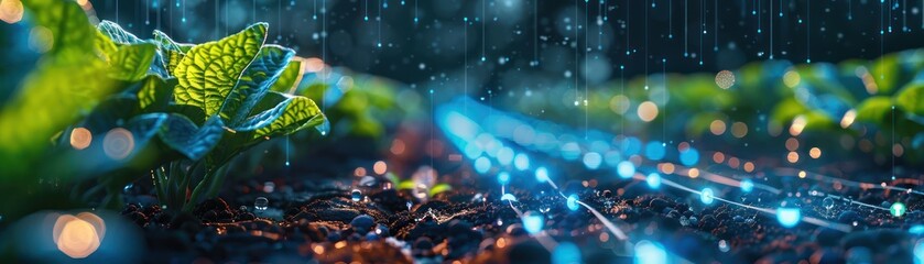 High-tech irrigation control system, close-up, saving water in agricultural use, digital interface