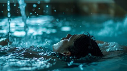 A person submerged in a cold plunge pool outside of the sauna which can be used as a contrast therapy to further enhance the health benefits..
