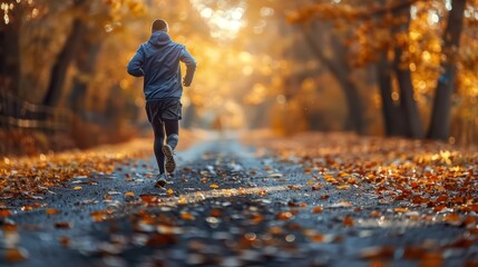 Man Running Down Road in Fall. Generative AI