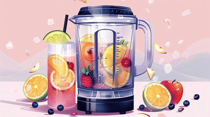 illustration of a kitchen blender used to make fruit cocktail smoothies and drinks.