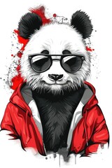 Stylish panda illustration flaunting sunglasses and a vibrant red jacket