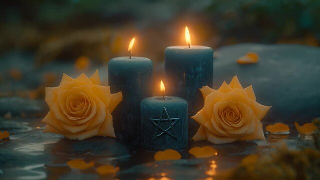 blue candles with pentacle star symbol and yellow roses outside in autumn. 