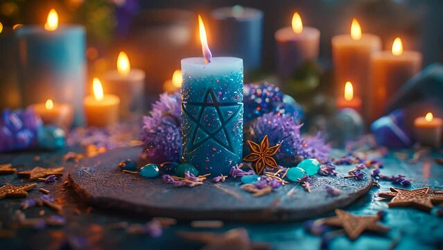 altar with purple and blue flowers, gemstones and candle with pentacle star ornament. 