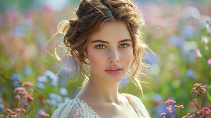 Fototapeta premium Young Woman Standing in Field of Flowers