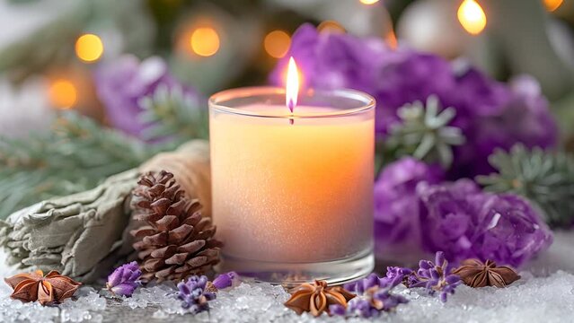 candle burning on the table with winter decorations, pinecones, fir, spruce tree branches, purple flowers and gems. 