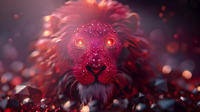 red lion with glowing eyes and ruby gemstone crystals.