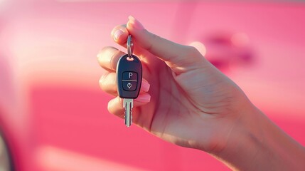 A woman holding car keys on an isolated pink background. Concept of a woman driving a car. Space to add text.