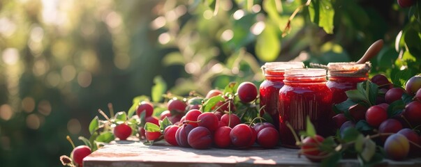 Homemade plum preserves in jars in sunlight