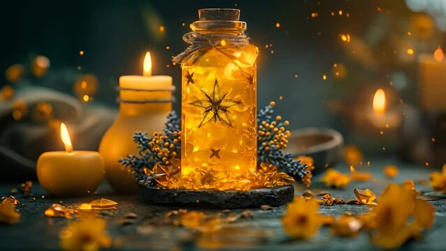 magical yellow potion bottle and candle.