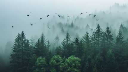 view of Flock of birds flying over early morning misty forest on trees and hills at sunrise