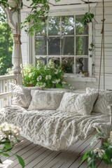 A porch swing with a white blanket on it in front of some flowers, AI