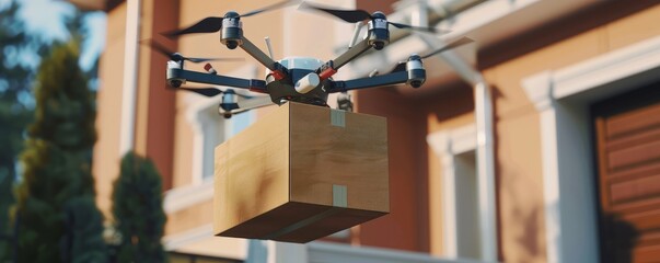 drone with a package flying above a cityscape, representing innovation and the future of delivery services.
