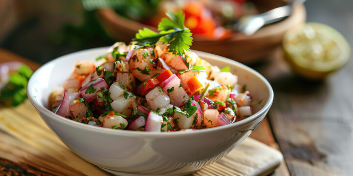 Ceviche in a white ceramic bowl, Fresh and zesty flavors, traditional Peruvian coastal cuisine, Side view.