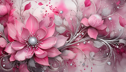 pink and silver watercolor floral background flowers and leaves backdrop wallpaper