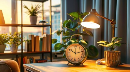 alarm clock on table in front lamp, window and bookshelf with books at sunset.