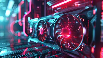 Futuristic video card with cooling fans. Computer background or screensaver. AI generative.