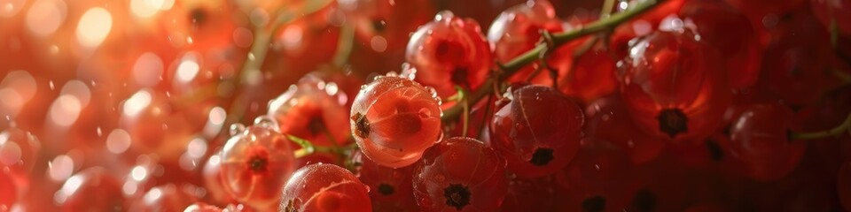 A sensual macro shot of red currants bathed in morning dew
