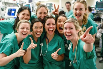 A group of nurses in green coats pose for a photo in a hospital, smiling and making faces.