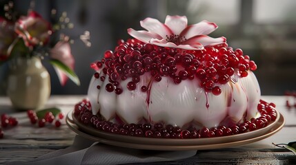 Delicious cake with red currants on wooden table, closeup