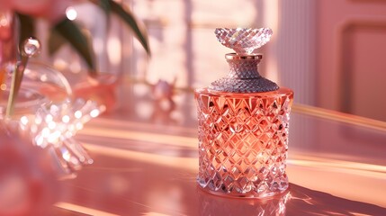 A sparkling diamond-studded perfume bottle exuding opulence, set against a dreamy pastel coral backdrop, evoking a sense of indulgence.