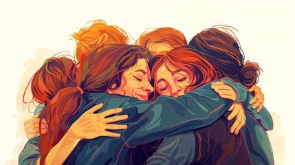 A group of friends hugging tightly with smiles on their faces in a heartwarming display of affection and connection